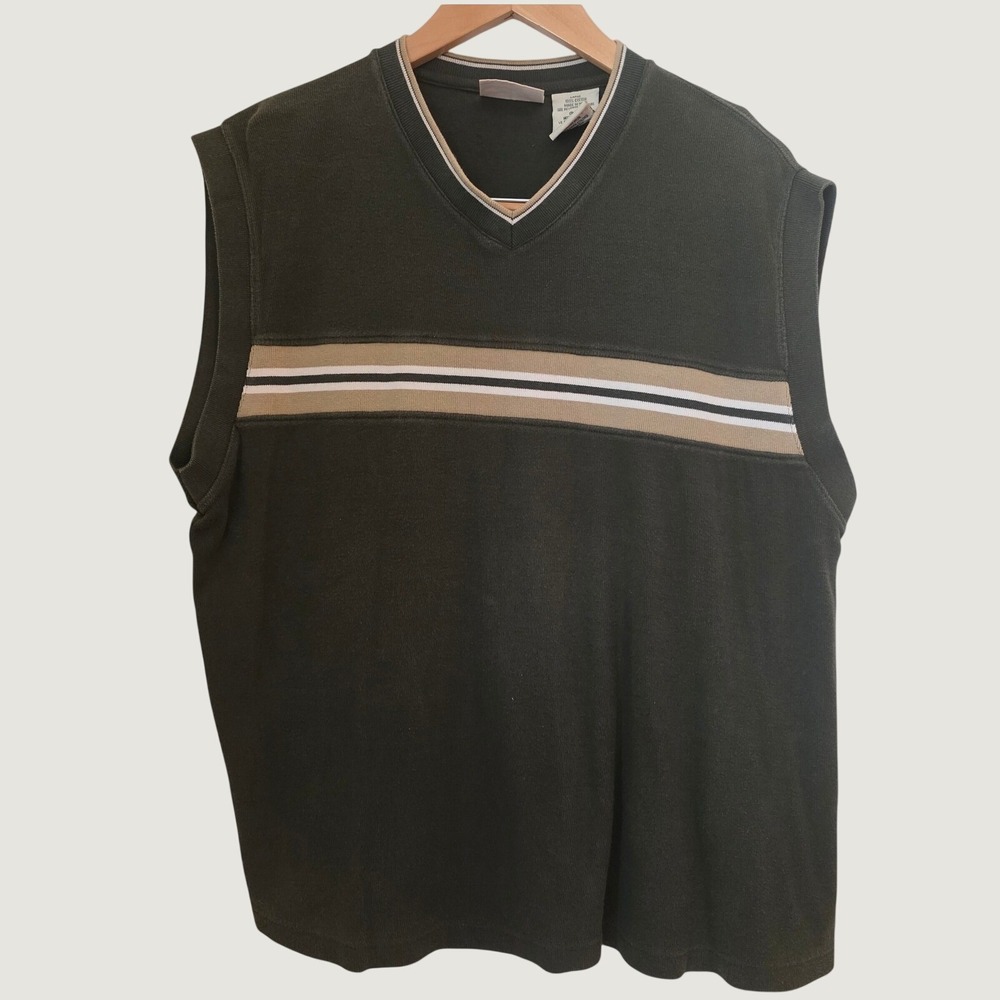 Vintage Y2K Faded Glory Sweater Vest V-Neck Olive Green Striped Pullover Large
